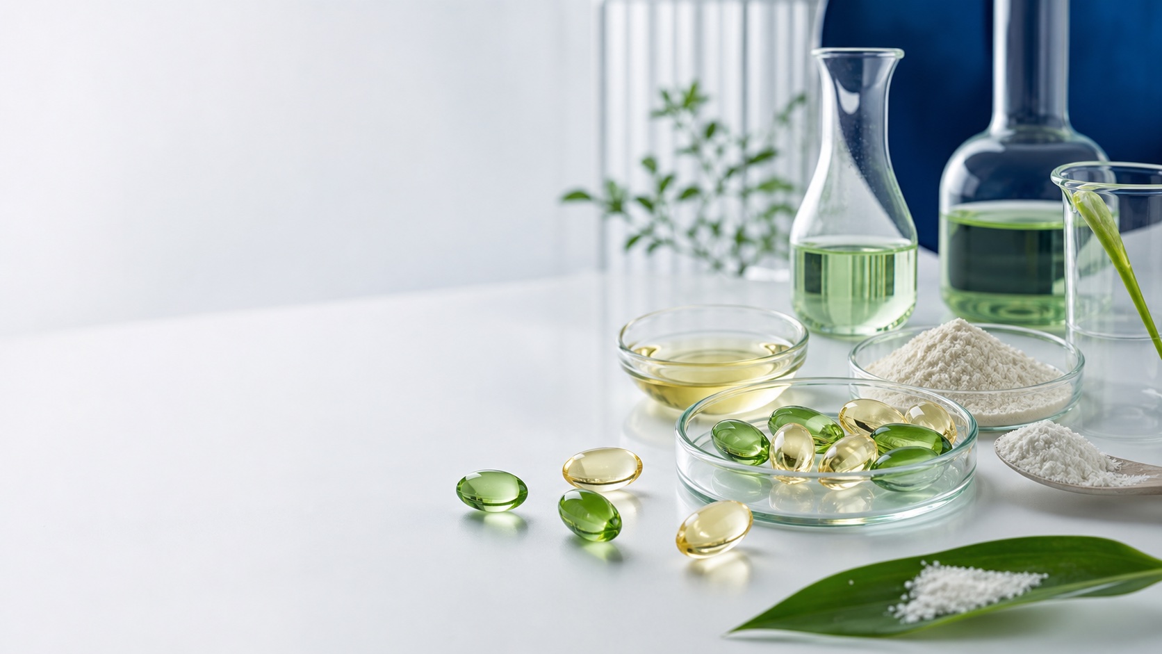 Plant-starch softgel capsules with beauty and haircare oils in a clean laboratory setting