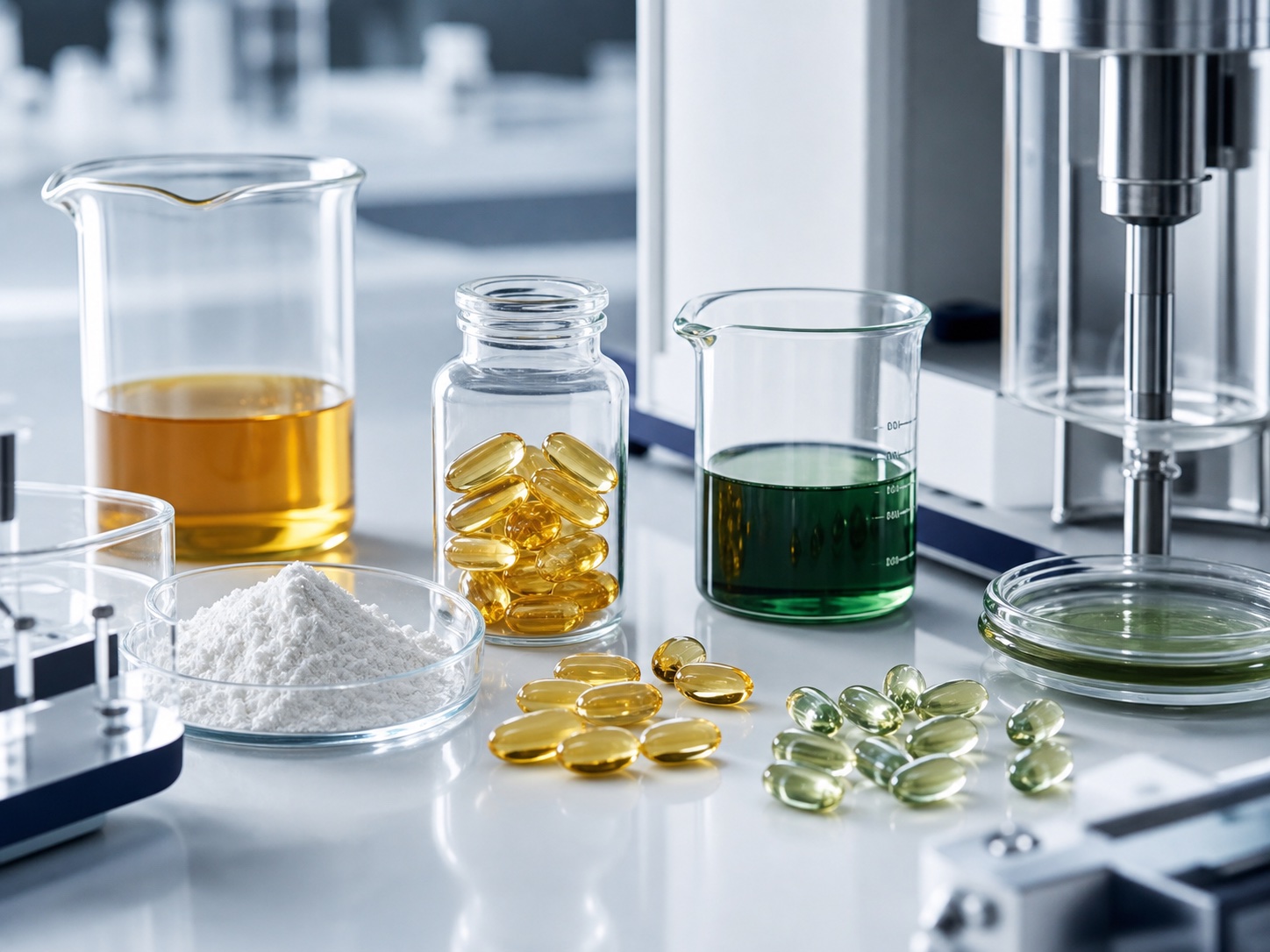Plant-starch softgel capsules, starch material and oil samples in a clean laboratory